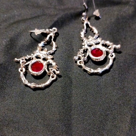 Red and Silver-toned Dangle Earrings - Picture 2 of 6
